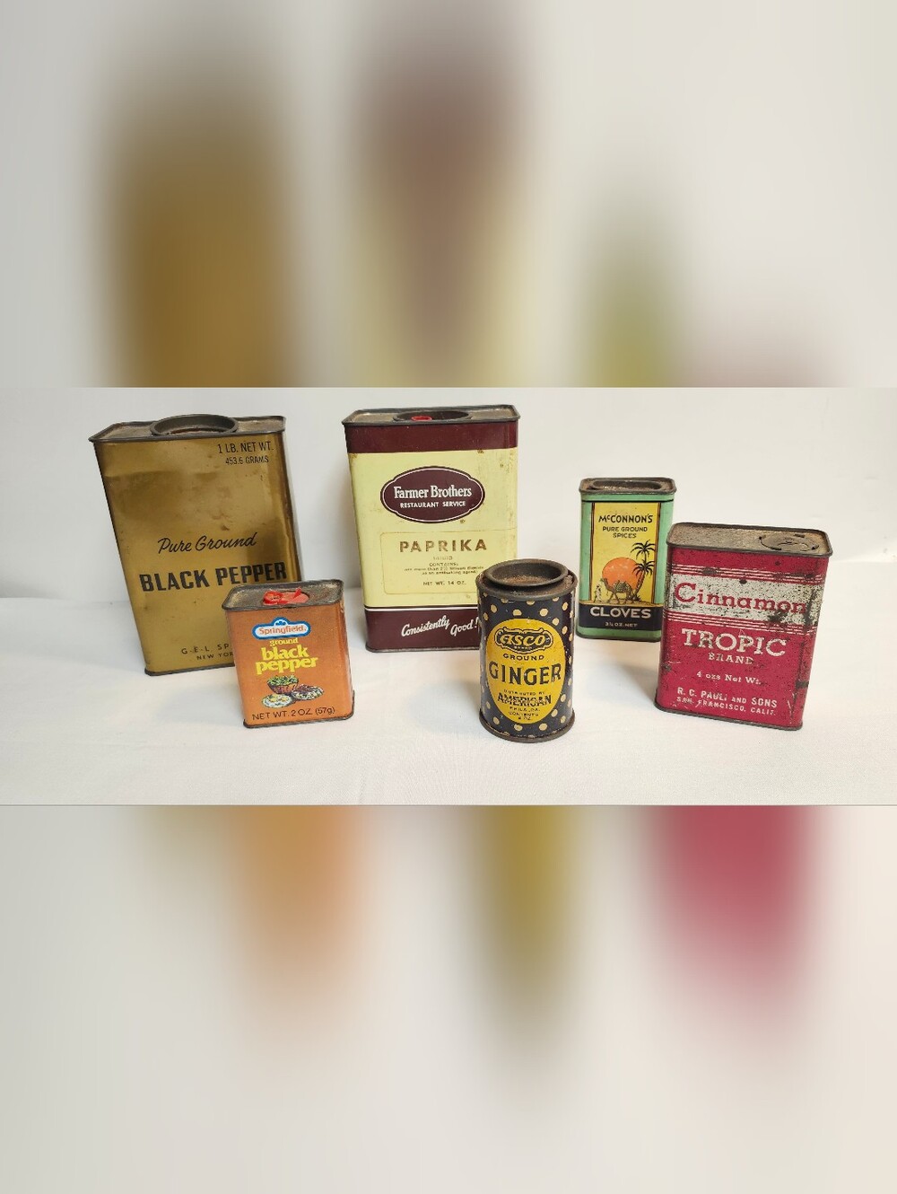 Lot Of 6 Vintage Spice Tins, Ascot, Tropic, McConnon's, Springfield, Etc.